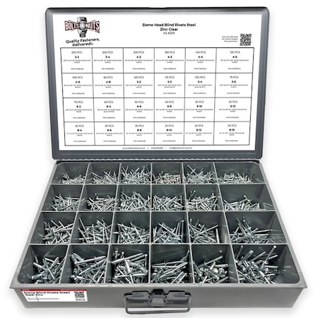 Boltsandnuts.Com Dome Head Blind Pop Rivets Steel/Steel Mandrel Zinc Clear Assortment - 2036 PCS Assortment Kit #209